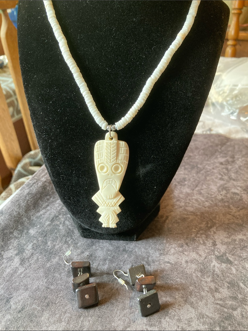 Jewelry Bundle Handcrafted White Tribal Pendant Necklace & Block Earrings